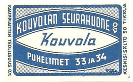 Tulitikkuaskin etiketti , Kouvolan seurahuone . Kauppiaiden teollisuus oy.